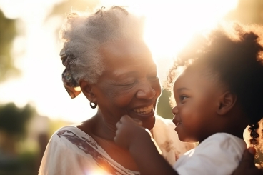 Black woman and young girl facing each other and smiling.